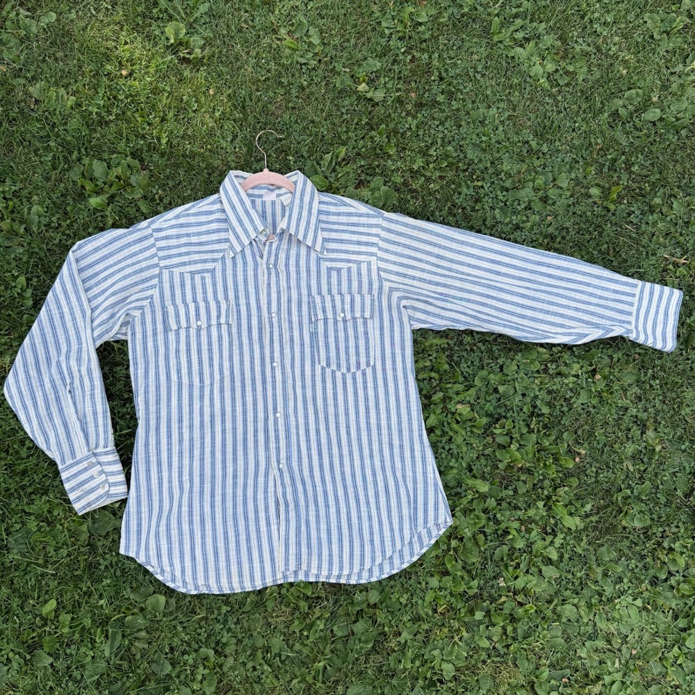 Levi's Western Snap Shirt XL Blue White Vertical Stripe Pearl Snap Vintage 70s